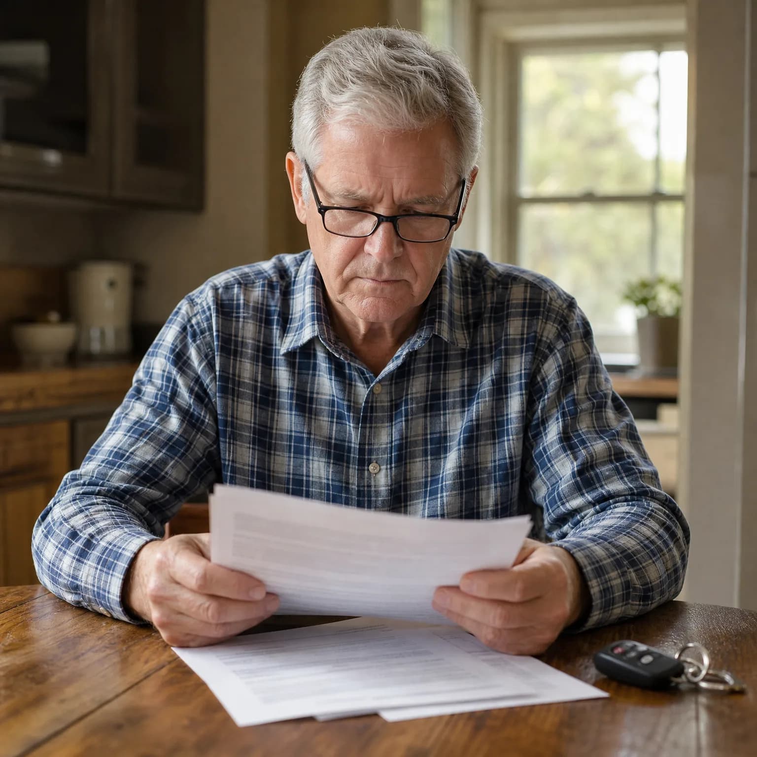 An older man with glasses and a blue plaid shirt sits at a wooden table reading printed documents, with more papers and a car key fob on the table and a kitchen and window behind him.