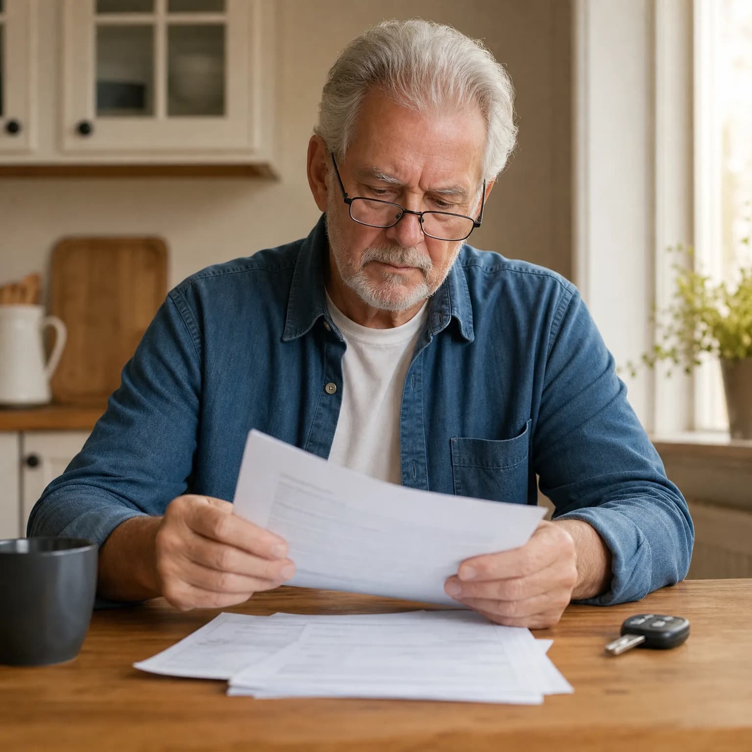 An older man with gray hair, glasses and a blue denim shirt sits at a wooden kitchen table reading printed documents, with more papers, a dark mug and a car key fob on the table.